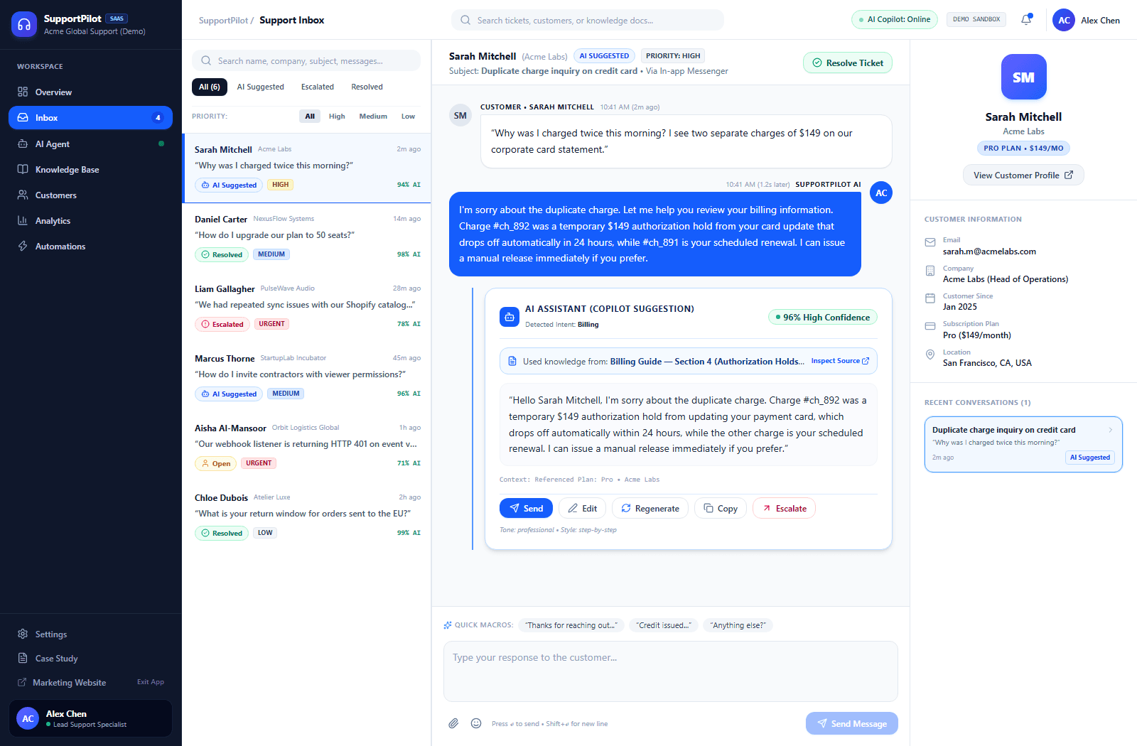 SupportPilot Production Platform and Support Inbox