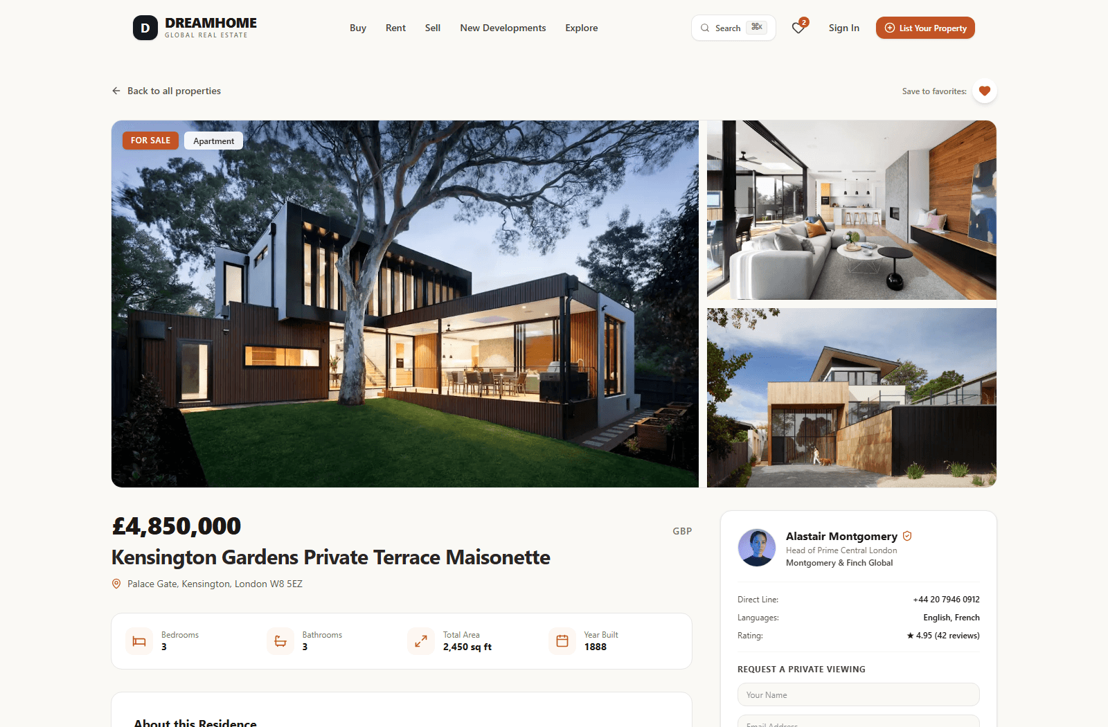 DreamHome luxury property detail showcase and viewing request workflow