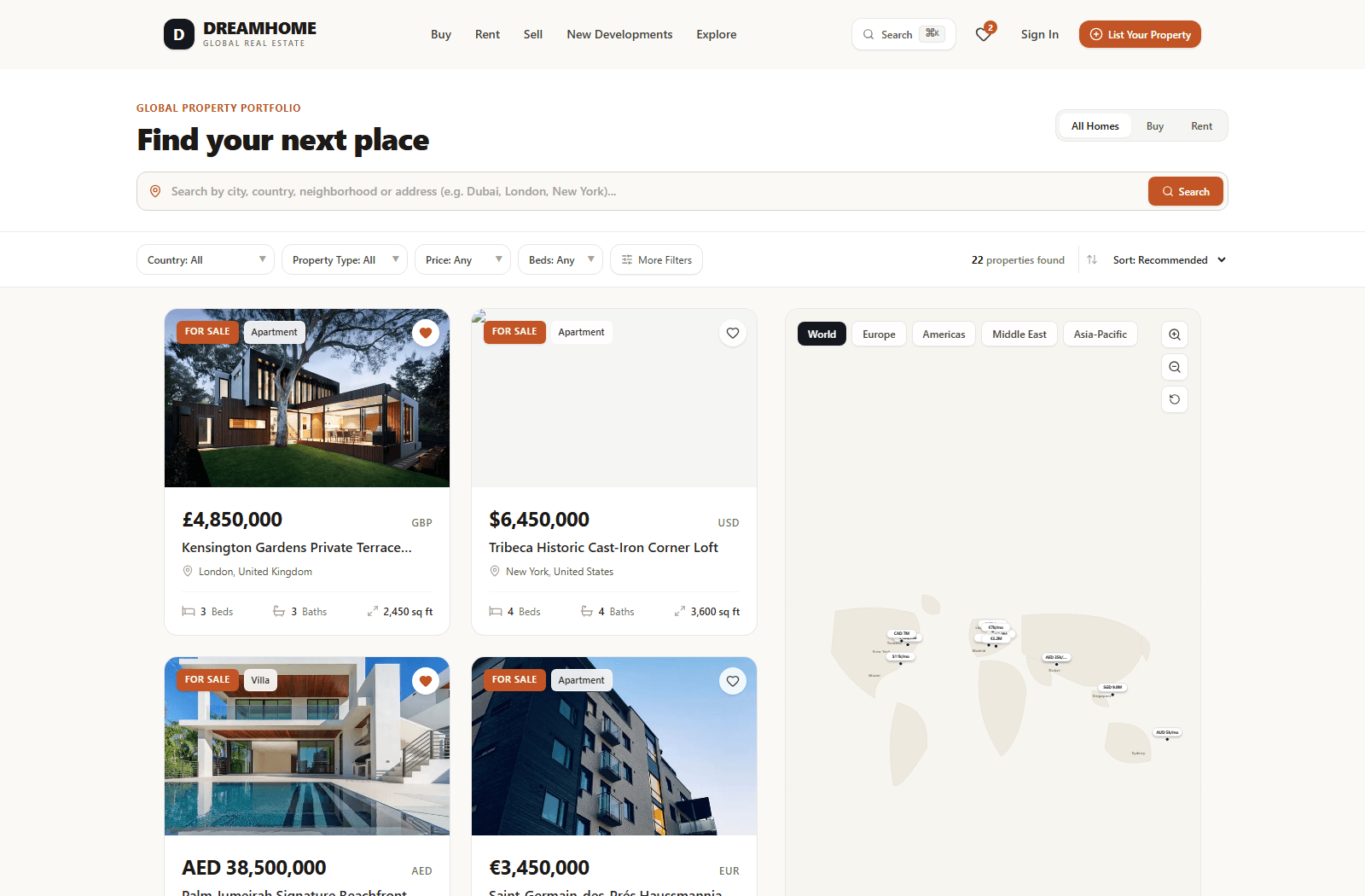 DreamHome global property search and interactive map discovery