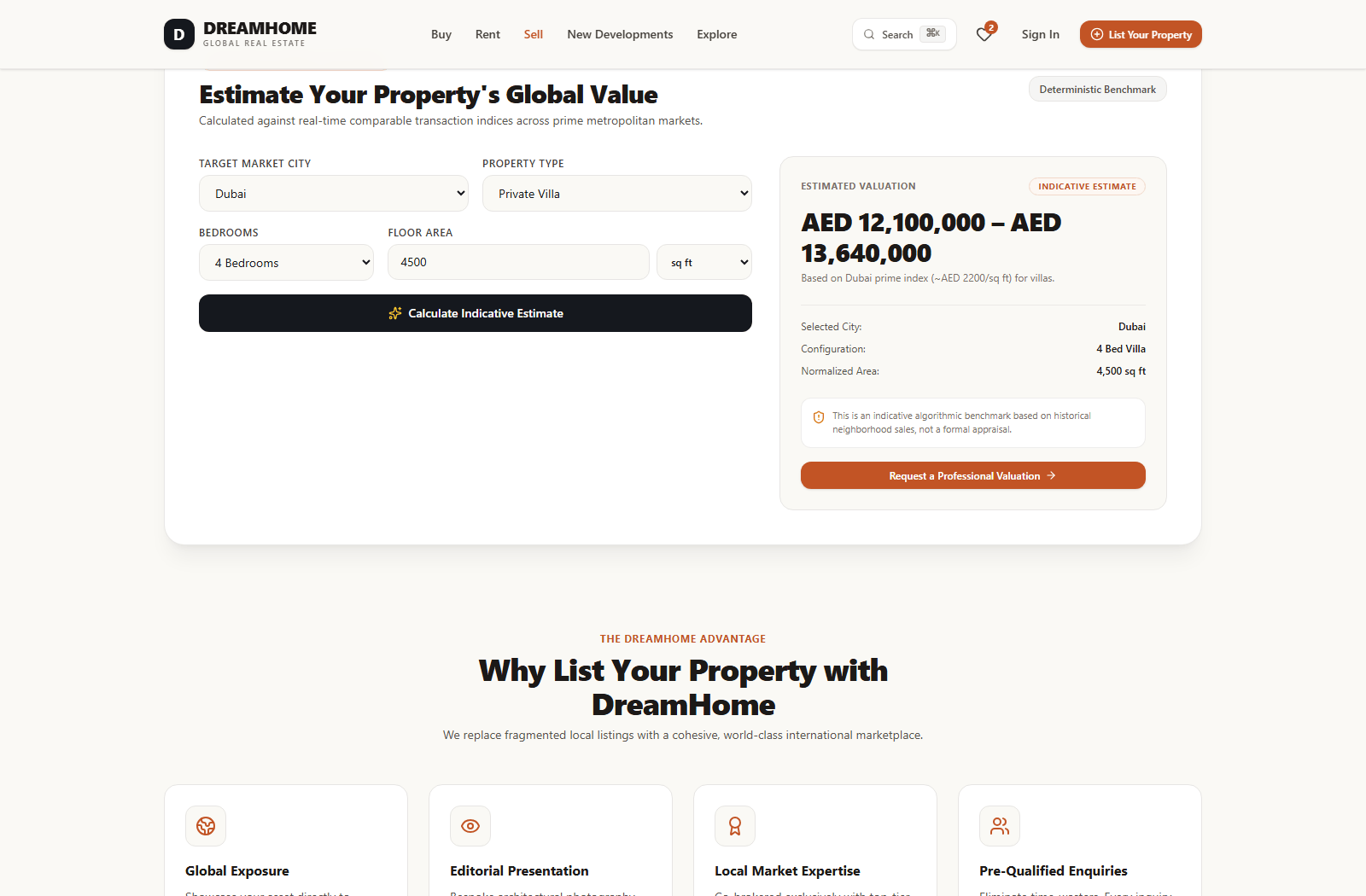 DreamHome algorithmic property valuation calculator and seller listing portal