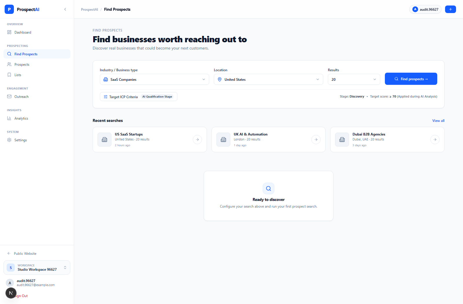 ProspectAI commercial business discovery interface with Google Places integration