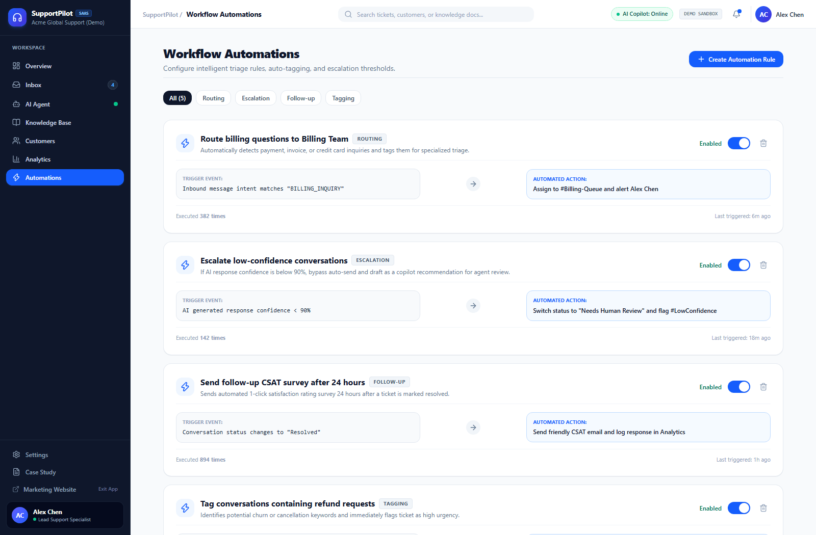 SupportPilot event-driven workflow automation rules and intelligent triage engine