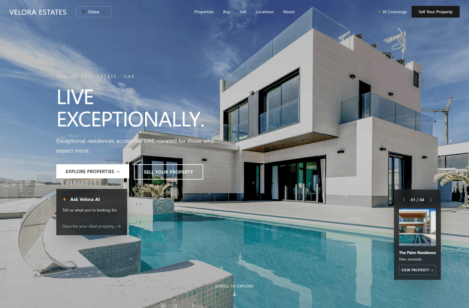 Velora Estate real application luxury property discovery homepage