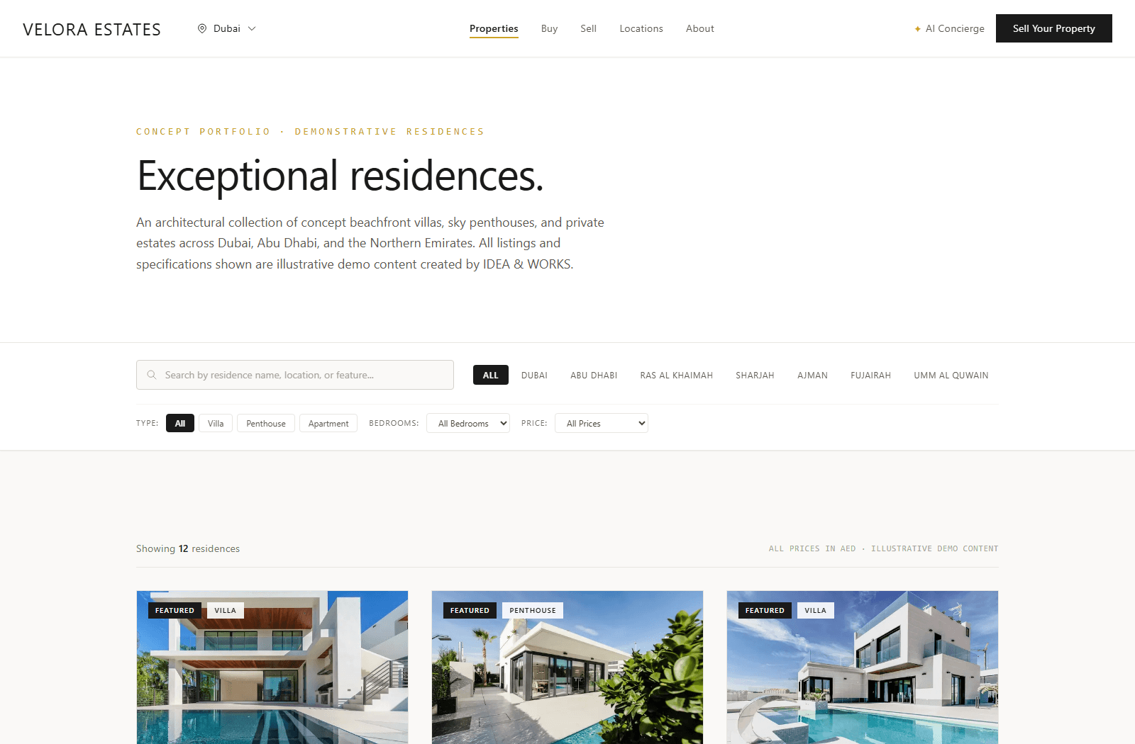 Velora Estate luxury property search and regional Emirates filter portfolio