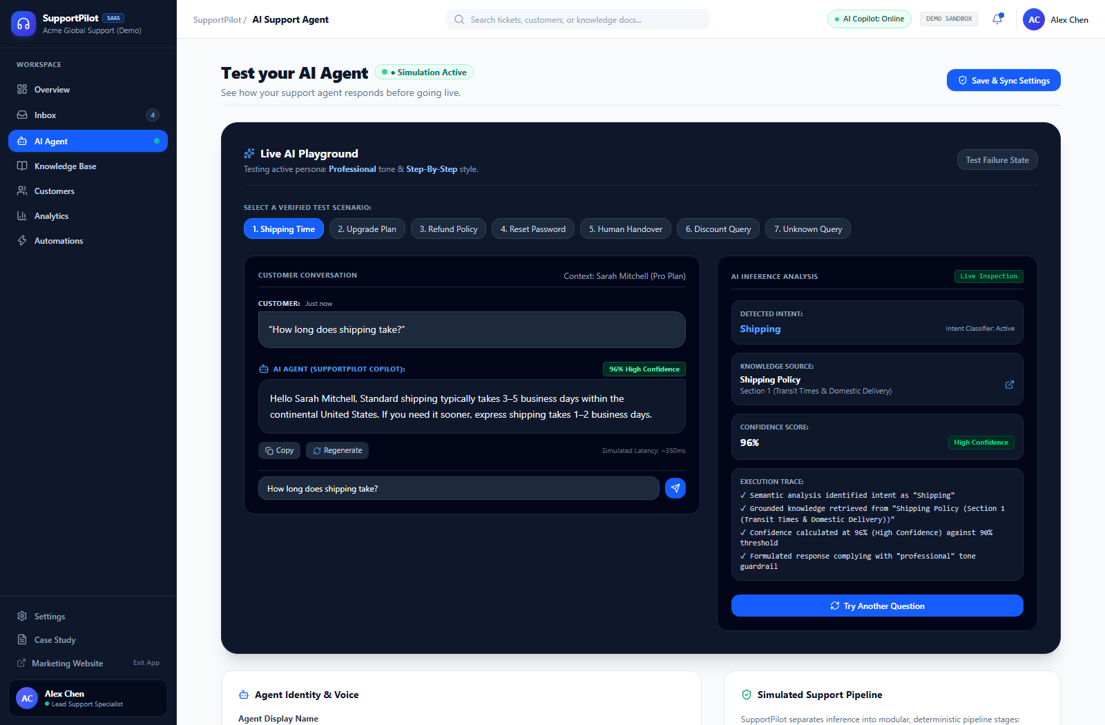 SupportPilot AI agent studio interface